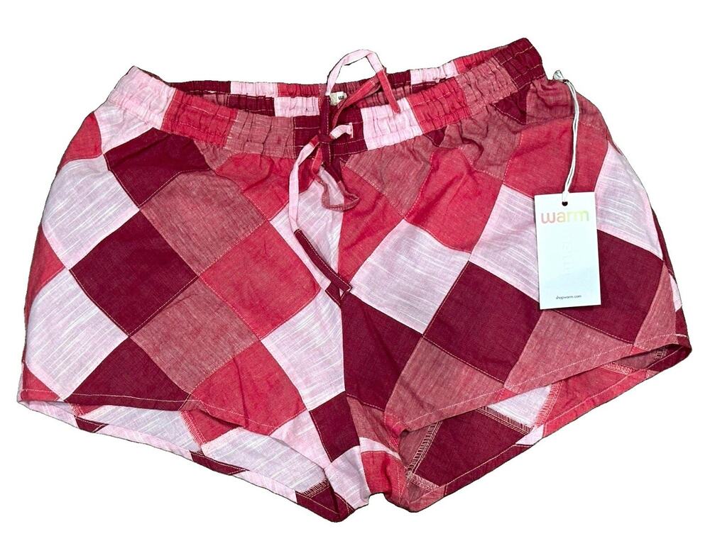 Warm NY Pink Burgundy Patchwork Checker Cotton Shorts Drawstring Size 1 Small